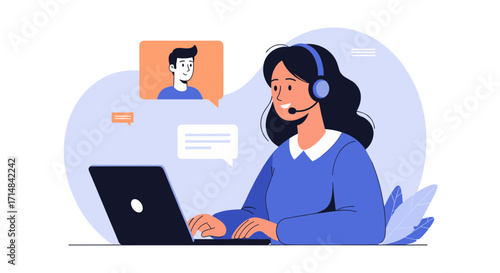 Professional customer support agent assisting a client via online video call with a laptop.