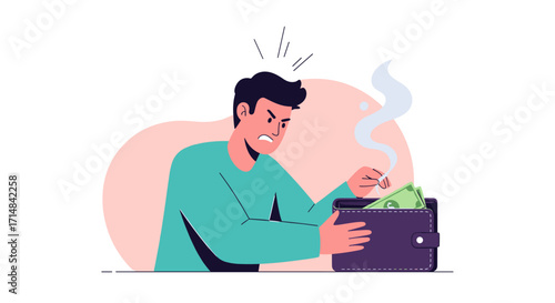Frustrated man looking at empty wallet with smoke coming out symbolizing financial problems and money loss.