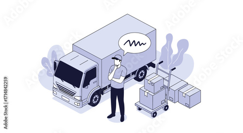 Logistics and delivery man thinking about a delivery truck and boxes.