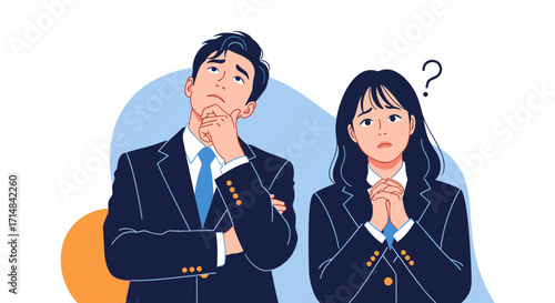 Two business people looking confused and thinking about a problem together.