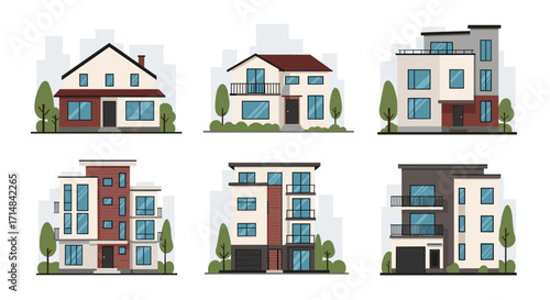 Collection of modern and traditional residential buildings showcasing diverse architectural styles.