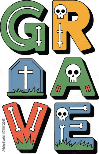 Halloween grave letters with skulls and bones vector