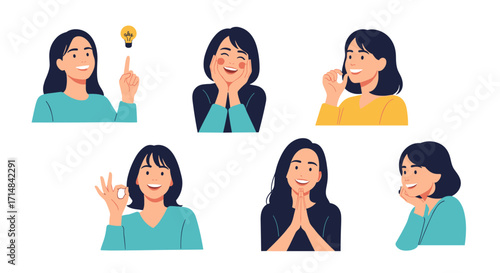 Collection of diverse emotions and gestures from a young woman.