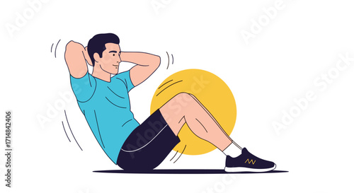 A man is doing crunches on the floor with a yellow circle in the background.