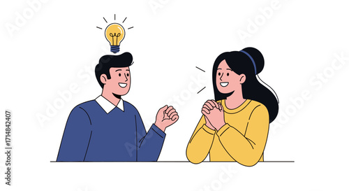 Two people discussing an idea that lights up like a bulb with inspiration.