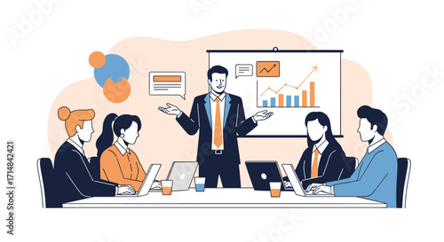 A group of professionals participates in a business meeting presenting a growth chart.