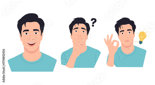 A man shows three expressions including happiness confusion and having an idea.