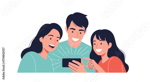 A family enjoys watching a video on a smartphone together sharing laughter and excitement.
