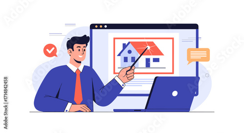A man is presenting a diagram of a house on a screen while sitting at a desk with a laptop.