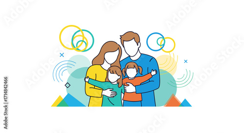 A happy family portrait with a bright and colorful abstract background design.