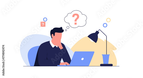 A person is contemplating a challenging question while working on a laptop and desk lamp.