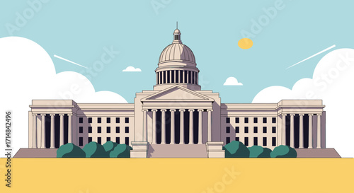 A grand government building with large columns and a dome under a bright sky.