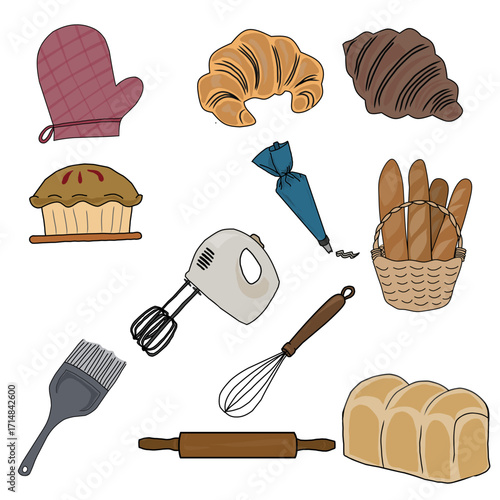 Flat Design Baking Icons – Kitchen Utensils and Pastry Elements Vector Illustration