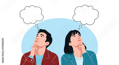 A man and a woman thinking together with empty thought bubbles above their heads.