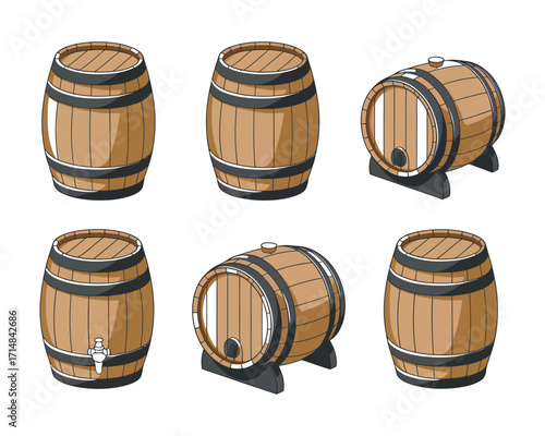 A vector illustration set of classic wooden barrels. Includes casks in different views for storing wine, rum, or beer