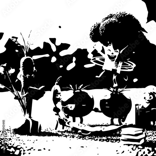 Playful Broccoli Character with Hula Hoop, Joyfully Jumping and Smiling