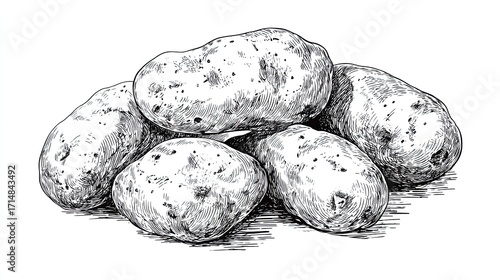 Rustic engraving sketch of raw potatoes in vintage hand drawn style with detailed line texture