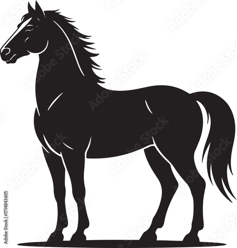 Black silhouette of a horse standing still white background