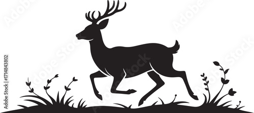 Black silhouette of a running deer in grass white