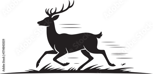 Black silhouette of a running deer with antlers on white background