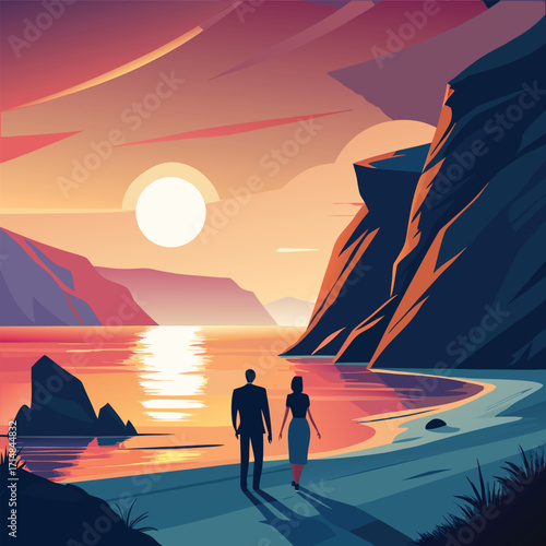 Romantic Sunset Walk by the Sea
