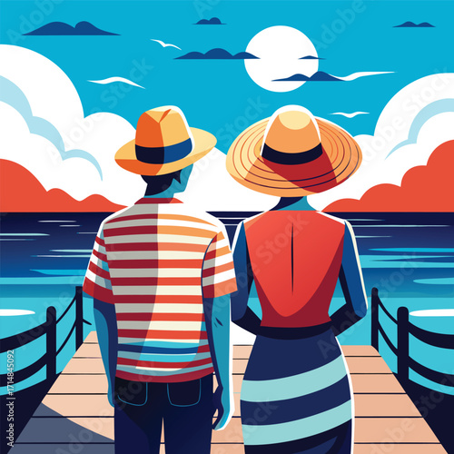 Summer Vacation Couple at Sunset Pier