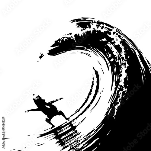 Surfing Frog Silhouette Riding a Giant Wave in Black and White