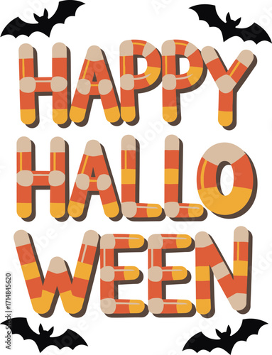 Happy Halloween text with candy corn letters and bats