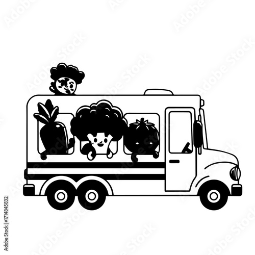 Whimsical Black and White Food Truck with Smiling Vegetable Characters