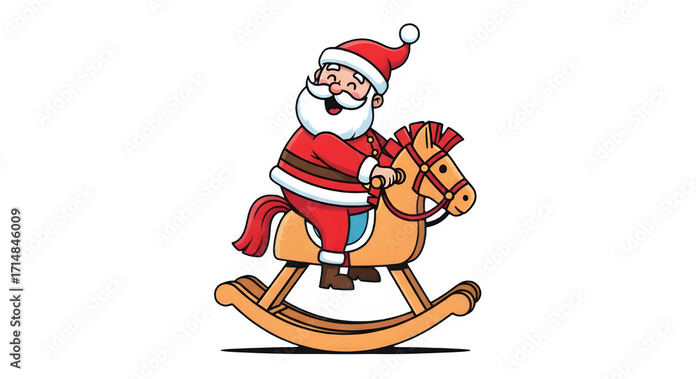 Obraz premium Playful Santa Claus Riding Rocking Horse – Christmas Cartoon Vector