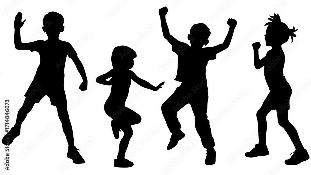 Fototapeta premium Silhouettes of children dancing and playing joyfully against a white background