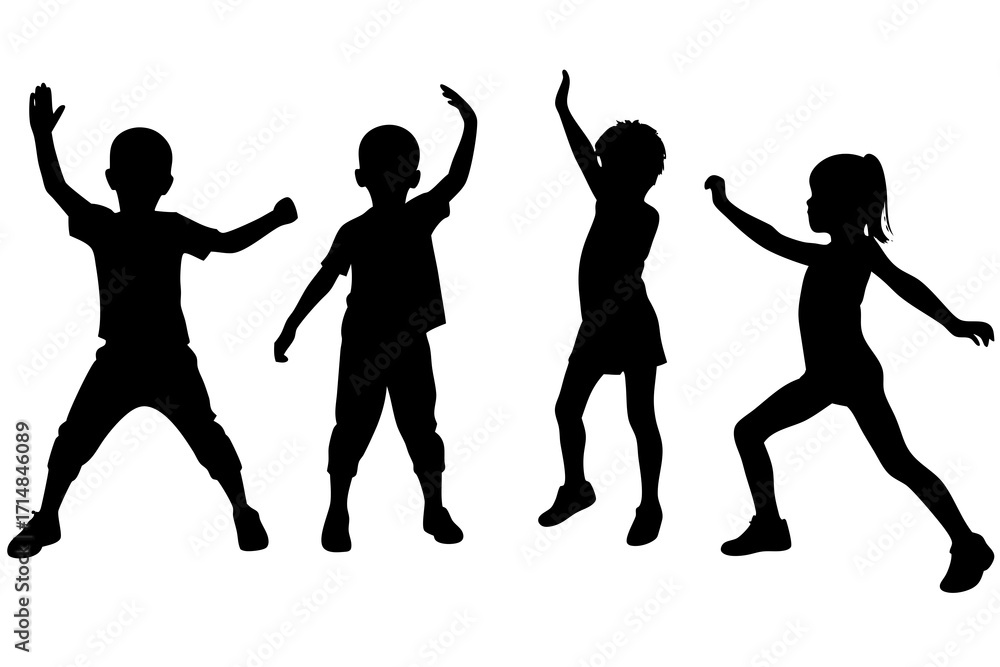 Fototapeta premium Silhouette of children dancing and playing joyfully with arms raised in the air
