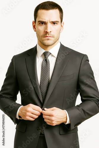 Confident businessman in stylish suit buttoning up, ready for success