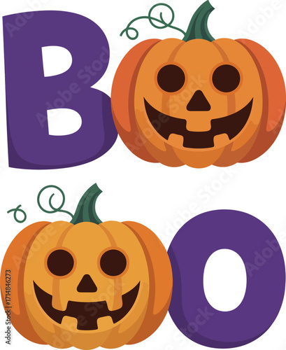 Purple letters and jack o lanterns spell boo halloween