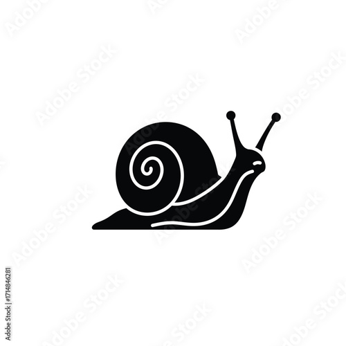 Silhouette of snail with coiled shell and extended antennae on a white background. EPS 10.