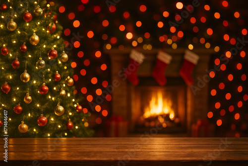 Cozy Christmas scene with decorated tree and fireplace bokeh background