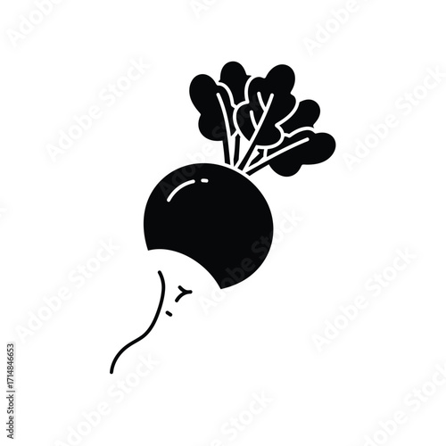 Stylized silhouette of radish with leafy greens and root detail on a white background. EPS 10.