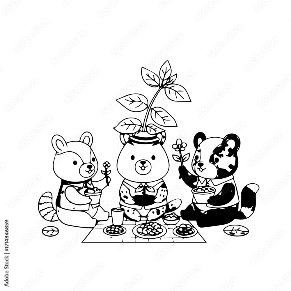 Naklejka premium Three Adorable Cartoon Animals Enjoying a Picnic with Plants