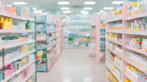 Organized pharmacy shelves with medications and healthcare products in bright lighting
