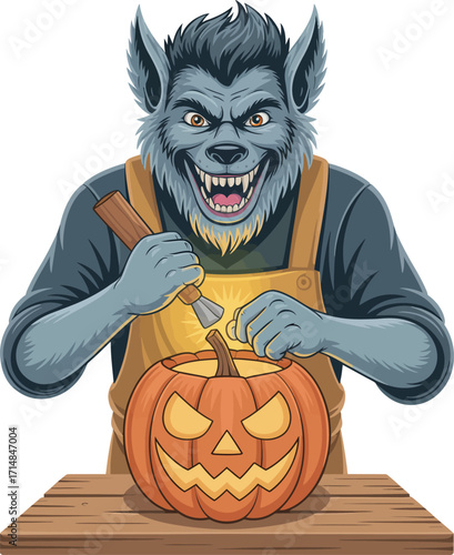 Werewolf carving a jack o lantern on wooden table halloween