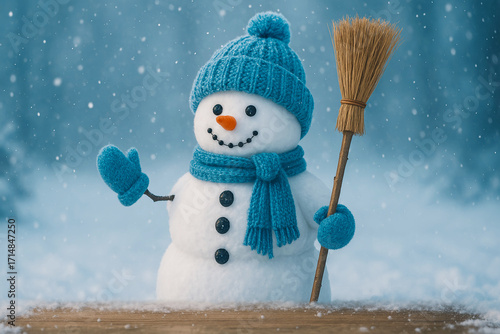 Cheerful snowman in winter with scarf, hat, and broom, a snowy scene