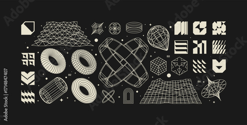 Vector graphic assets kit acid style, Postmodern abstract geometric shapes with wireframe elements of different forms, Y2K trendy design in brutalism aesthetic, template symbols set 20