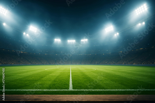 Vibrant soccer stadium ready for the big game under bright lights