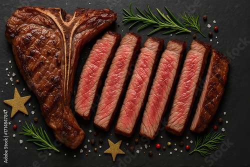 Juicy T-bone steak, sliced and ready to serve this holiday