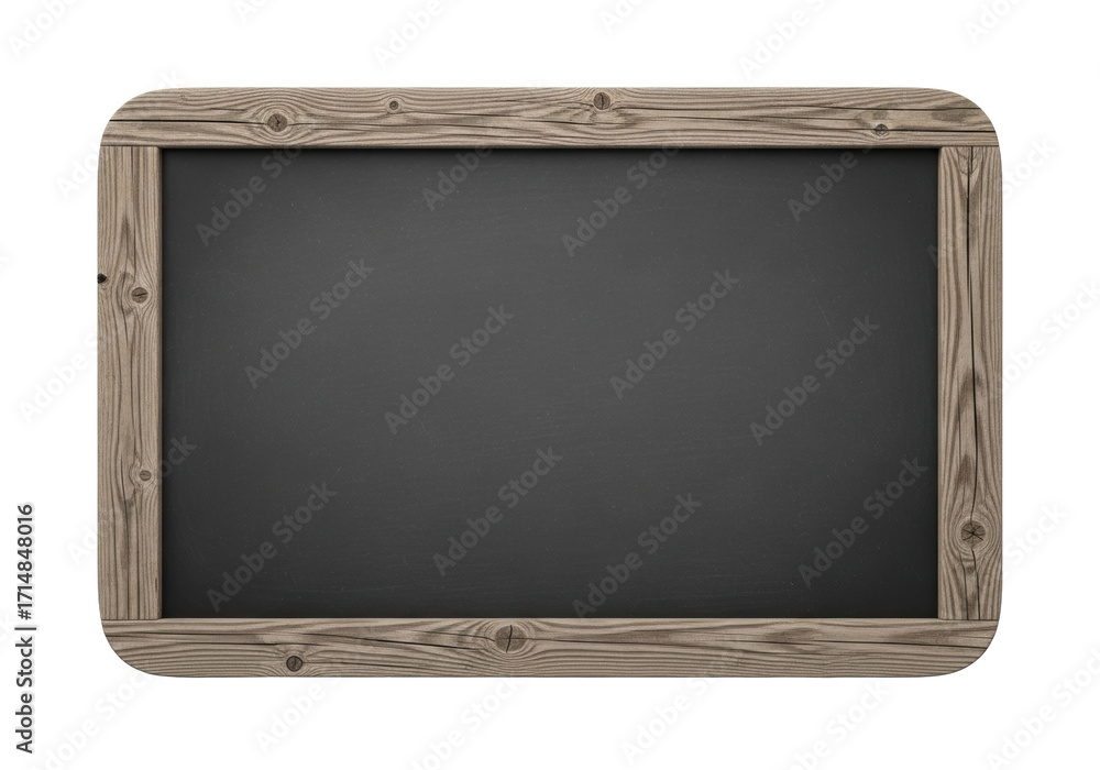 Obraz premium Blank dark grey chalkboard with subtle chalk dust and a rustic, wooden border, isolated on a transparent background with copy space and soft studio lighting. Versatile stock image