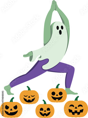 Ghost doing yoga warrior pose with pumpkins halloween
