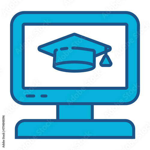 Online Learning Icon In Blue Monochrome Flat Design, Vector Illustration