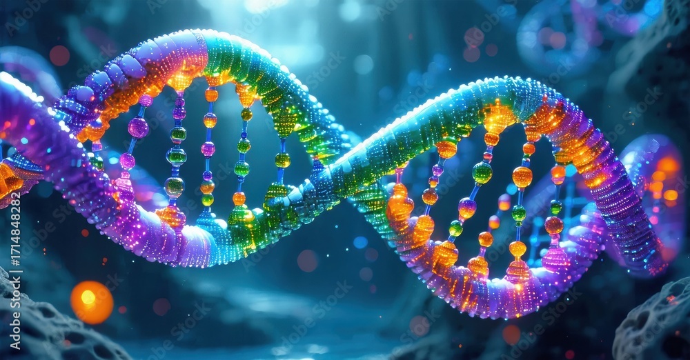 Obraz premium Colorful DNA double helix structure. Bright vibrant strands twist, representing genetic code, biology, science concepts. Detailed rendering.