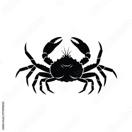 Silhouette of crab with raised claws and detailed legs on a white background. EPS 10.