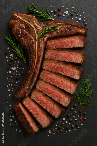 Juicy grilled steak sliced with rosemary and pepper garnish